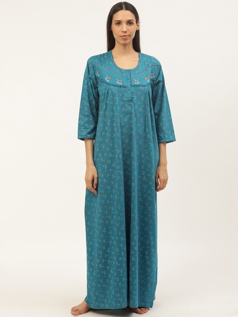 

Sweet Dreams Women Teal Blue & Orange Floral Print Maxi Nightdress