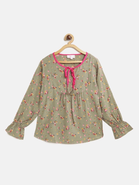 

Bella Moda Girls Olive Green & Pink Micro Floral Print Top