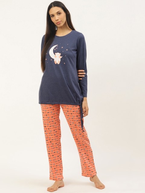 

Sweet Dreams Women Navy Blue & Coral Orange Panda Print Night suit