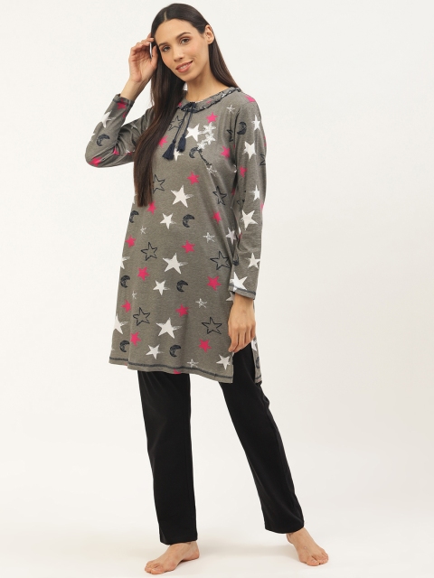 

Sweet Dreams Women Grey Melange & Black Printed Night suit
