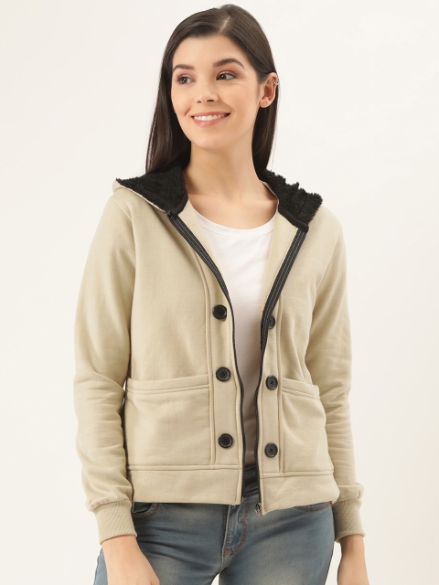 

Belle Fille Women Beige Solid Hooded Sweatshirt