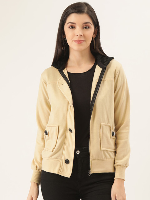 

Belle Fille Women Beige Solid Tailored Hooded Jacket