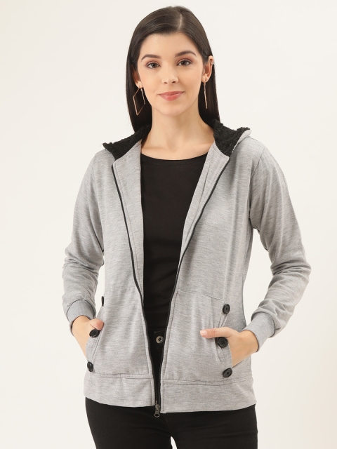 

Belle Fille Women Grey Melange Solid Tailored Hooded Jacket