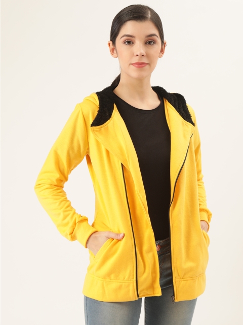 

Belle Fille Women Yellow Solid Asymmetric Closure Tailored Hooded Jacket