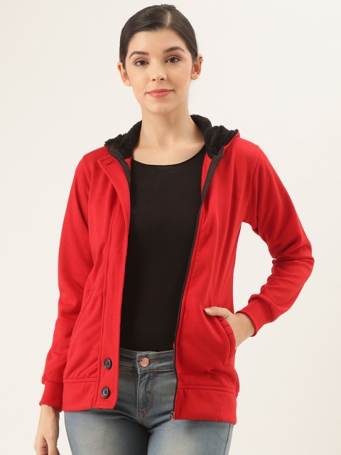 

Belle Fille Women Red Solid Tailored Hooded Jacket