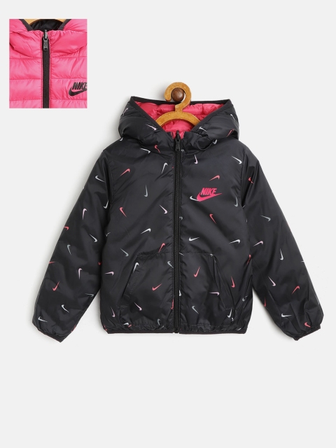 

Nike Boys Black & Pink 247 360 Brand Logo Print Reversible Hooded Puffer Jacket