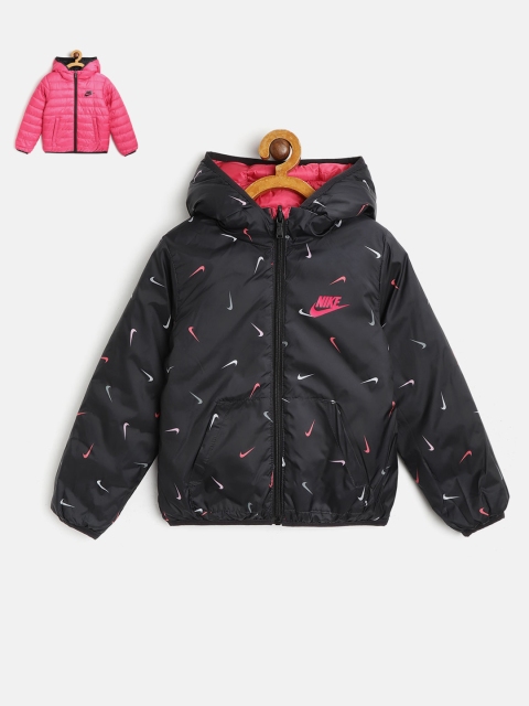 

Nike Boys Black & Pink 247 360 Brand Logo Print Reversible Hooded Puffer Jacket