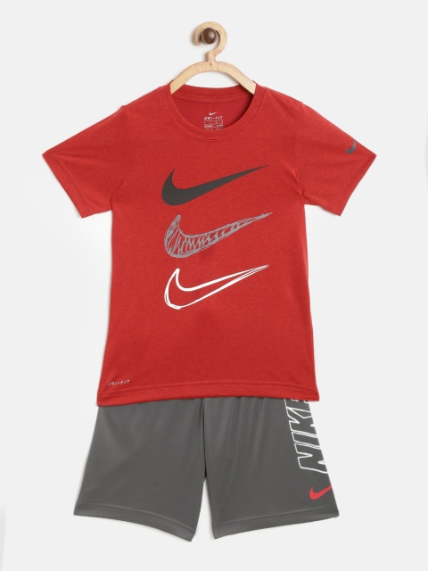 Boys Red & Charcoal Grey Dri-FIT Dropsets T-shirt with Shorts