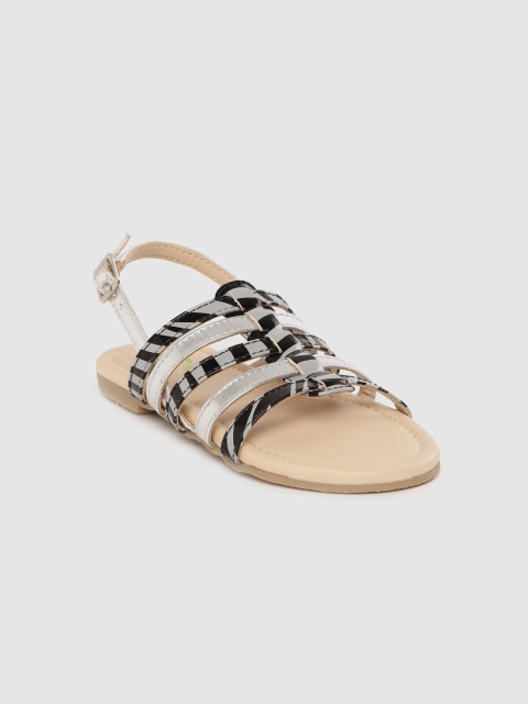 

YK Girls Grey & Silver-Toned Printed Open Toe Flats