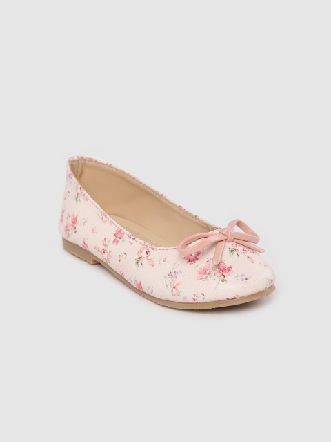 

YK Girls Peach-Coloured & Green Floral Print Ballerinas with Bow Detail, Pink