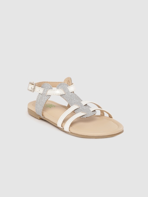 

YK Girls White & Silver-Toned Shimmer Open Toe Flats