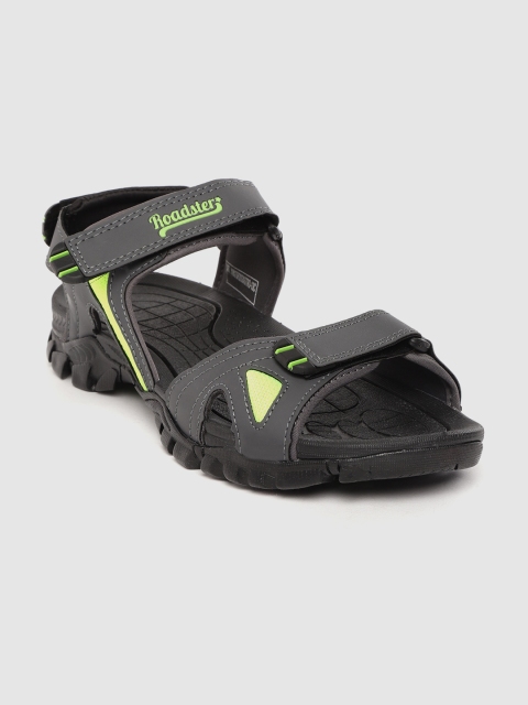 

Roadster Men Charcoal Grey & Fluorescent Green Solid Sports Sandals