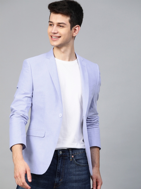 

Mast & Harbour Men Blue Regular Fit Solid Single-Breasted Casual Pure Cotton Blazer