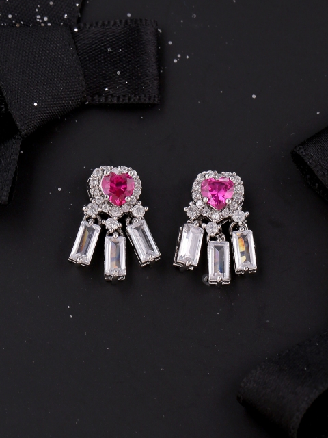 

Voylla Silver-Toned & Pink Heart Shaped CZ Studded Studs