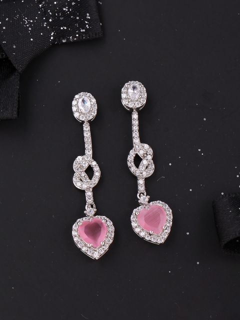 

Voylla Silver-Toned & Pink Heart Shaped Drop Earrings