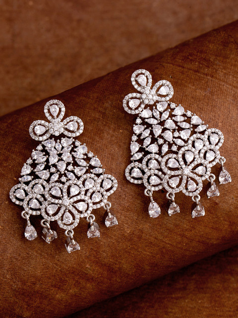 

Voylla Silver-Plated Geometric CZ Studded Drop Earrings