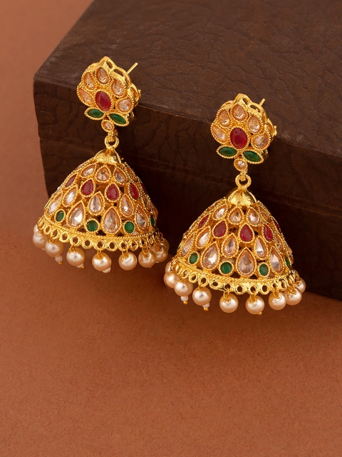 

Voylla Gold-Toned & Off-White Brass-Plated Dome CZ Studded Shaped Jhumkas