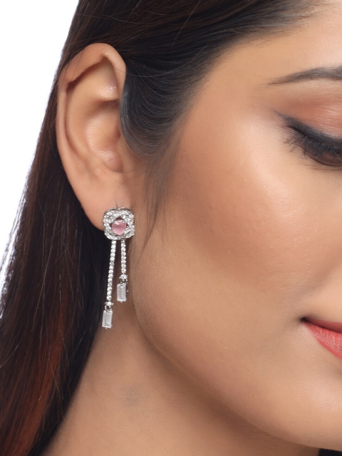 

Voylla Silver-Toned & Pink Floral CZ Studded Drop Earrings