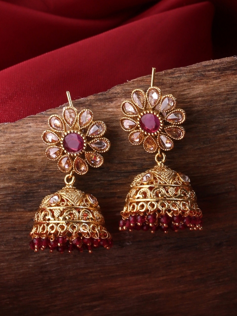 

Voylla Brass-Plated Gold-Toned & Pink Dome Shaped Jhumkas