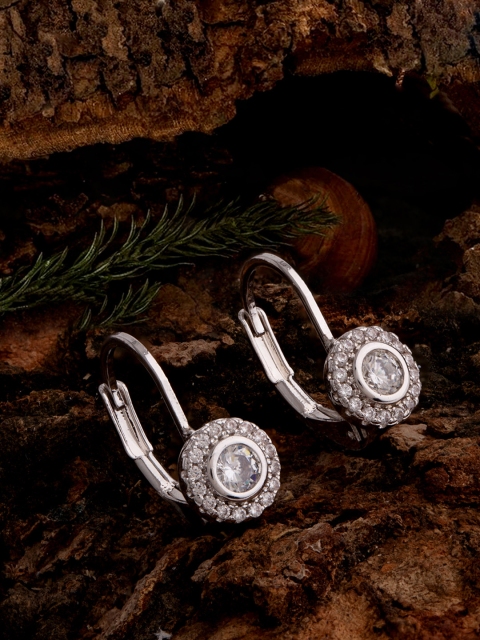 

Voylla Silver-Toned & White Classic Brass-Plated CZ Studded Hoop Earrings