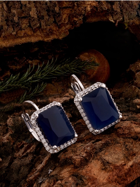 

Voylla Silver-Plated & Blue Square Drop Earrings