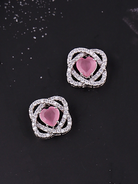 

Voylla Silver-Toned & Pink Brass-Plated Cubic Zirconia Studded Heart Shaped Studs