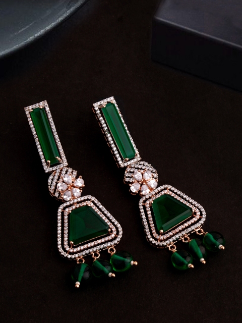 

Voylla Gold-Toned & Green Brass-Plated Emerald CZ Studded Geometric Drop Earrings
