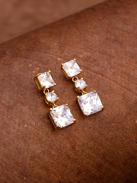 

Voylla Brass-Plated Gold-Toned & White Cubic Zirconia Geometric Drop Earrings