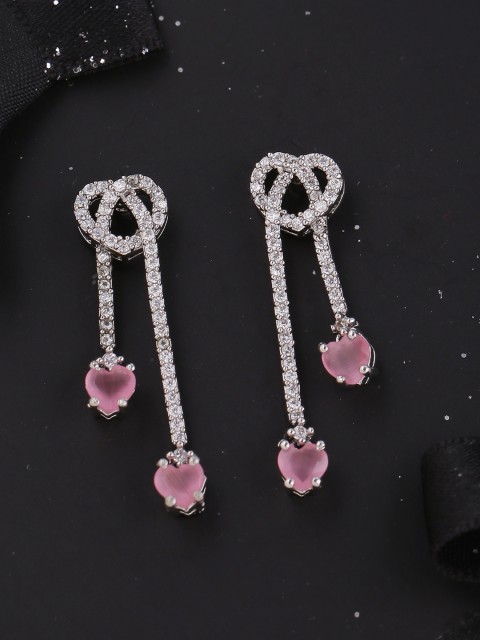 

Voylla Silver-Plated & Pink Contemporary Brass-Plated CZ Studded Drop Earrings