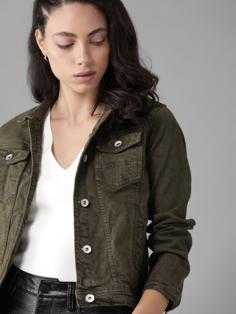 

Roadster Women Olive Green Solid Denim Jacket