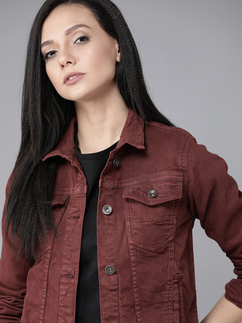 

Roadster Women Maroon Solid Denim Trucker Jacket