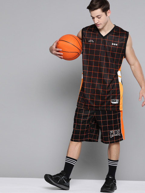

HRX by Hrithik Roshan Men Black & Orange Checked Regular Fit Rapid-Dry Basketball Shorts
