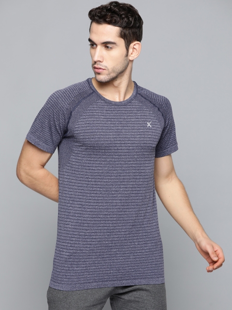 

HRX by Hrithik Roshan Men Medival Blue Self Striped Seamless Rapid-Dry Yoga T-shirt