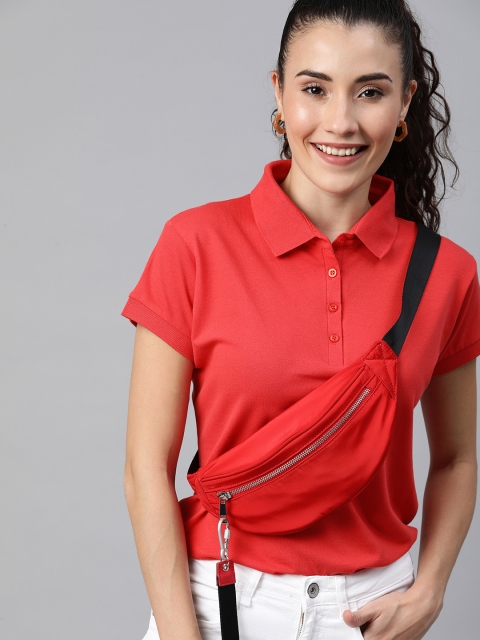 

HERE&NOW Women Coral Red Solid Polo Collar T-shirt