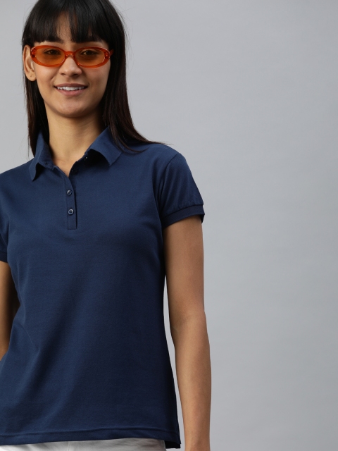 

HERE&NOW Women Navy Blue Solid Polo Collar T-shirt