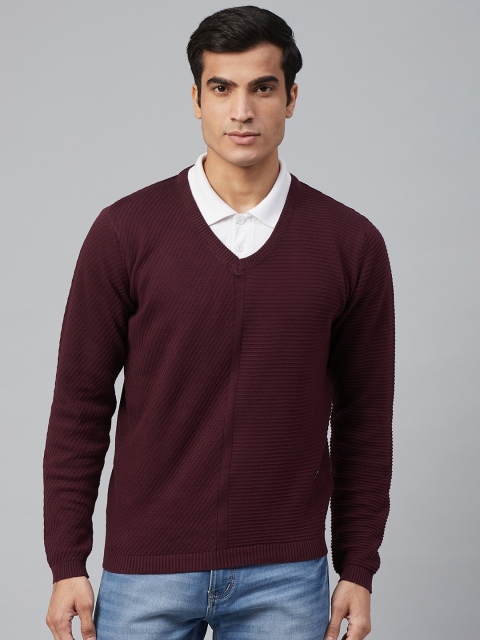 

Blackberrys Men Maroon Self Striped Pullover Sweater