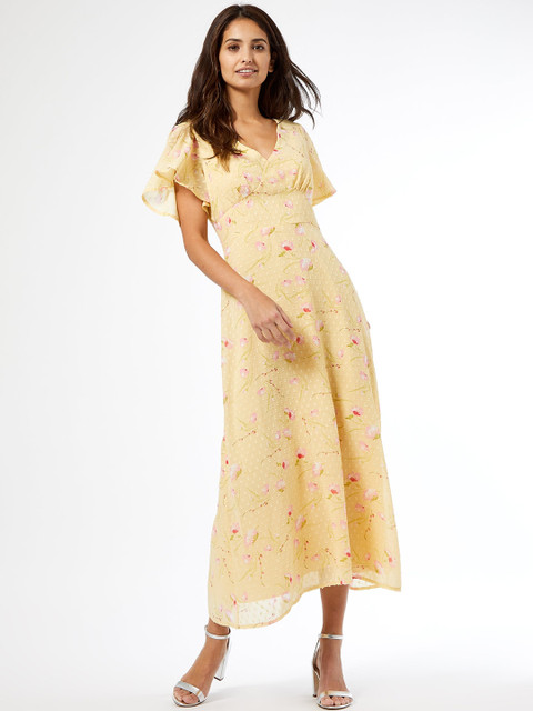

DOROTHY PERKINS Women Yellow & Pink Dobby Weave Floral Printed Maxi Dress