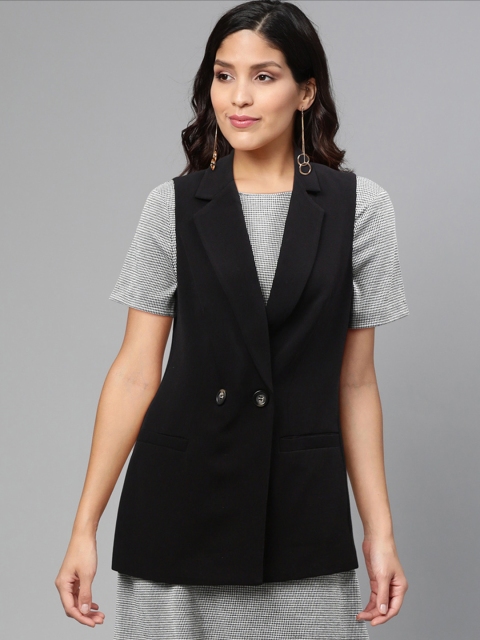 

DOROTHY PERKINS Women Black Solid Double-Breasted Sleeveless Blazer