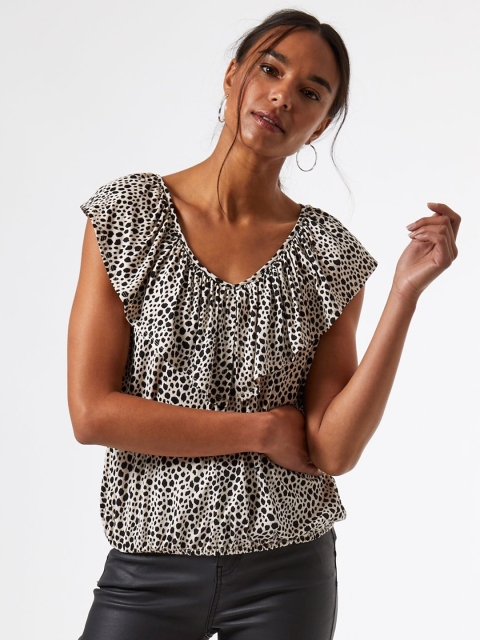 

DOROTHY PERKINS Women Off-White & Black Animal Print Blouson Top