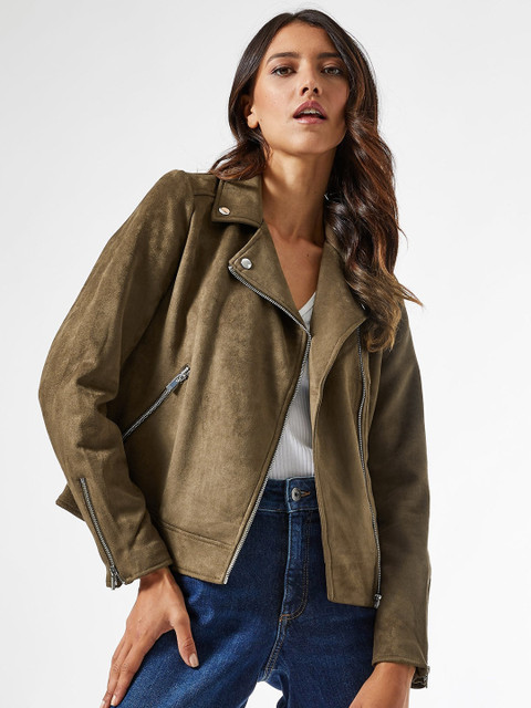 

DOROTHY PERKINS Women Olive Green Solid Biker Jacket