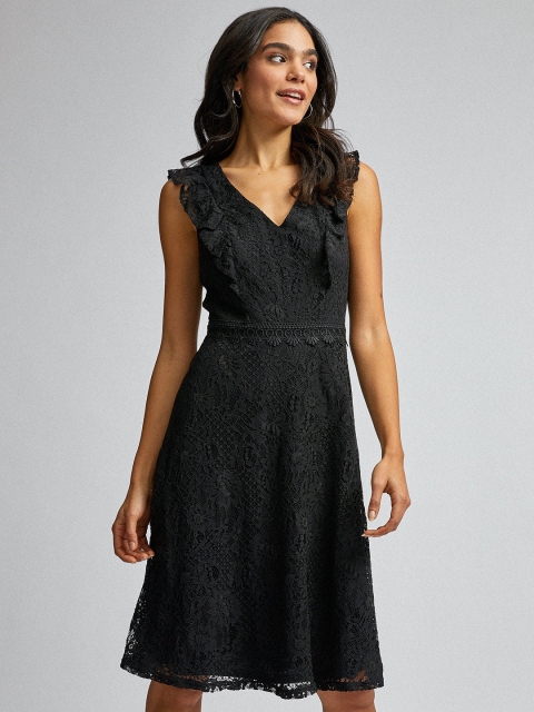 

DOROTHY PERKINS Women Black Lace Ruffled Detail A-Line Dress