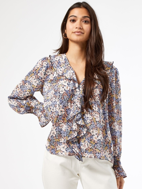 

DOROTHY PERKINS Women Blue & Off-White Petite Floral Print Ruffled Top