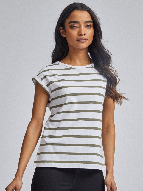 

DOROTHY PERKINS Women White & Olive Green Petite Striped Round Neck T-shirt