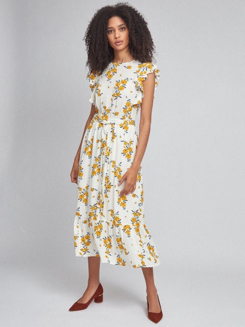 

DOROTHY PERKINS Women White & Mustard Yellow Floral Printed A-Line Dress