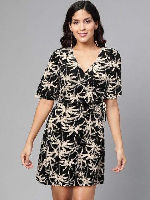 

DOROTHY PERKINS Women Black & Beige Tropical Print Wrap Dress