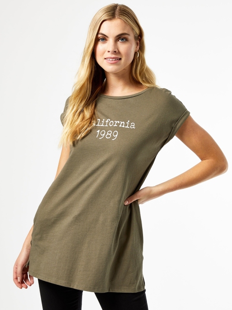 

DOROTHY PERKINS Women Olive Green Solid Longline Round Neck T-shirt