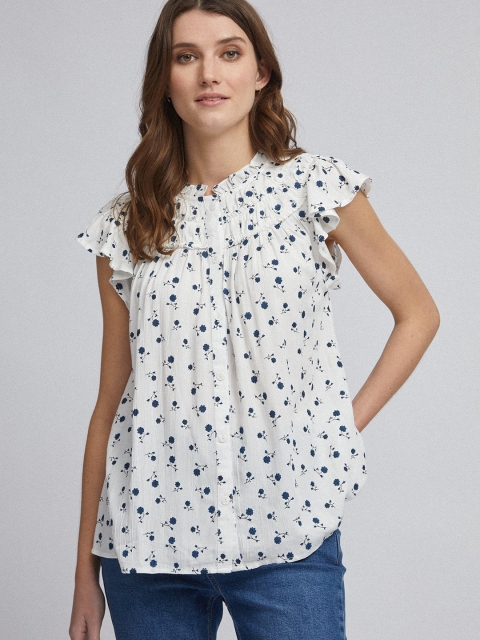 

DOROTHY PERKINS Women White & Navy Blue Floral Print Top