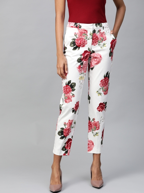 

DOROTHY PERKINS Women Off-White & Red Regular Fit Floral Print Trousers