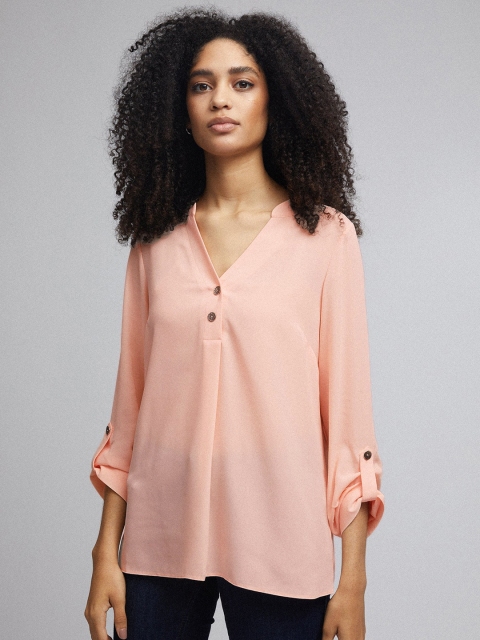

DOROTHY PERKINS Women Peach-Coloured Solid Pleated Shirt Style Top