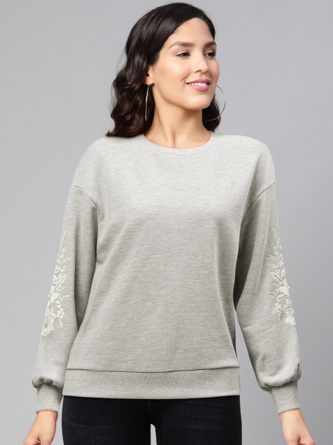 

DOROTHY PERKINS Women Grey Melange Embroidered Sleeves Sweatshirt